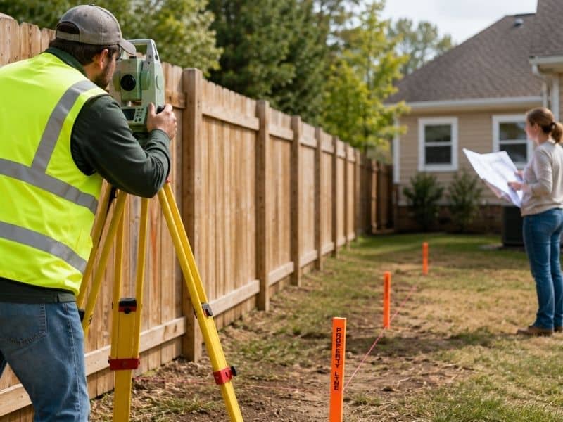 Surveyor checking property boundaries near a backyard fence while a homeowner reviews plans for a future project
