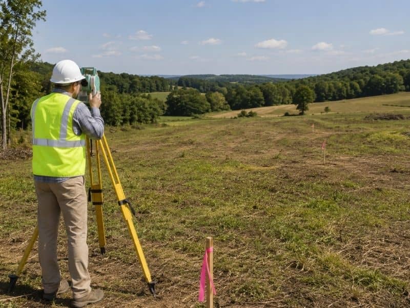 Land surveyor using GPS equipment to map an open development property with survey stakes and rolling terrain in the background