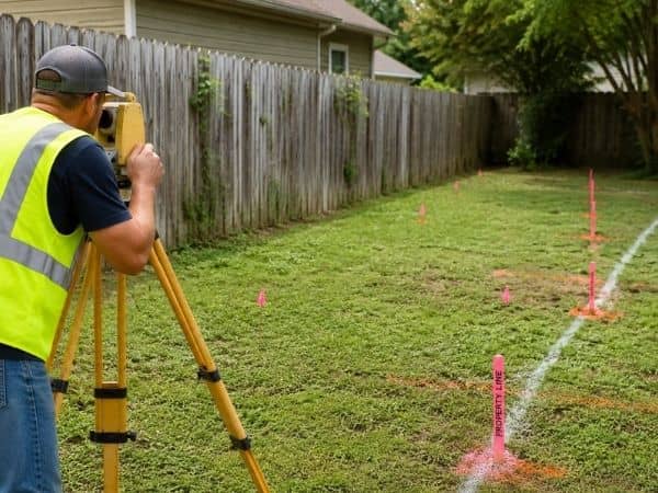 Property line survey before building a fence with a surveyor marking residential boundary lines in a backyard