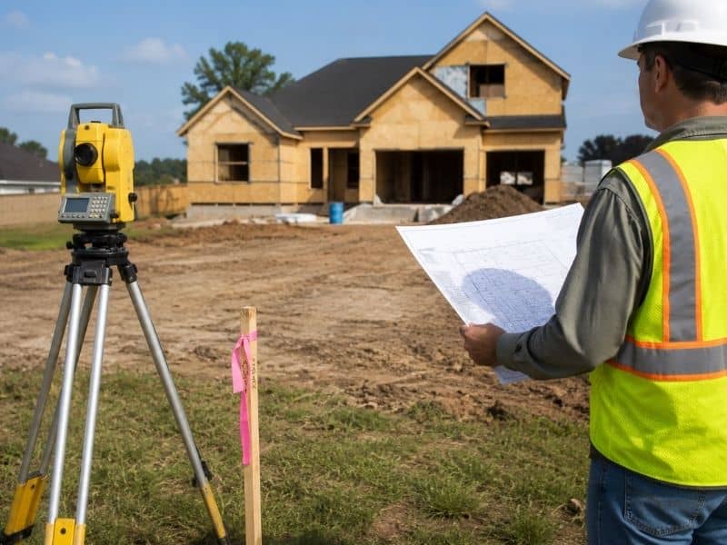 Land surveyor reviewing site plans beside survey stakes on a residential property before construction begins