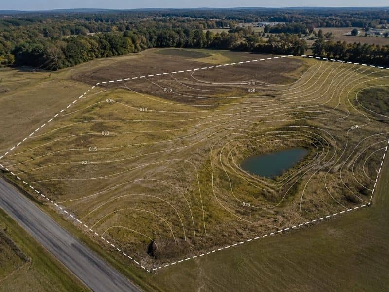 Drone view of undeveloped land with topographic survey contour lines showing elevation changes and terrain details before site planning
