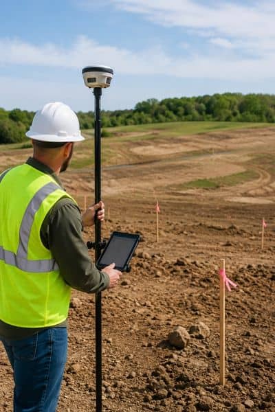 Surveyor using GPS equipment to measure land elevations and site conditions before development planning